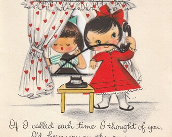 Valentine Greeting Across The Miles Two Girls Making a Telephone Call Used Greeting Card