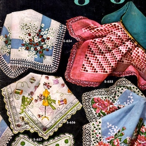 May include: Vintage handkerchiefs with decorative edging. The image shows a variety of handkerchiefs with floral, polka dot, and sewing-themed designs. The text "Handkerchief Edgings" and "Book No. 311" are visible.