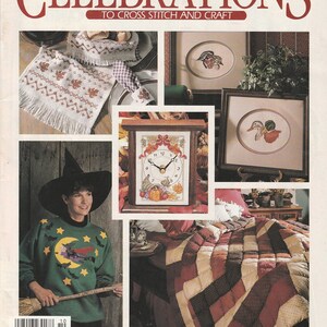 May include: The cover of "Celebrations" magazine, Autumn 1991, features cross-stitch and craft projects. Images include a cross-stitched clock, framed duck embroidery, a Halloween-themed sweatshirt, and a patchwork quilt. The magazine's theme is "21 Projects to Welcome Fall!"