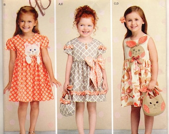 Child's Dresses Purses Headband Frilly Dress Cat Bunny or Big Bow Matching Purse Size 3 4 5 6 7 8 Uncut Craft Sewing Pattern Simplicity 1208
