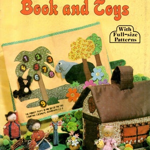 May include: A vintage craft pattern for a quiet time book and toys. The book features a tree with numbers 1-9 and a monkey. The toys include a house, a girl with a broom, a girl with a basket of flowers, and a boy with a bucket. The pattern includes full-size patterns.