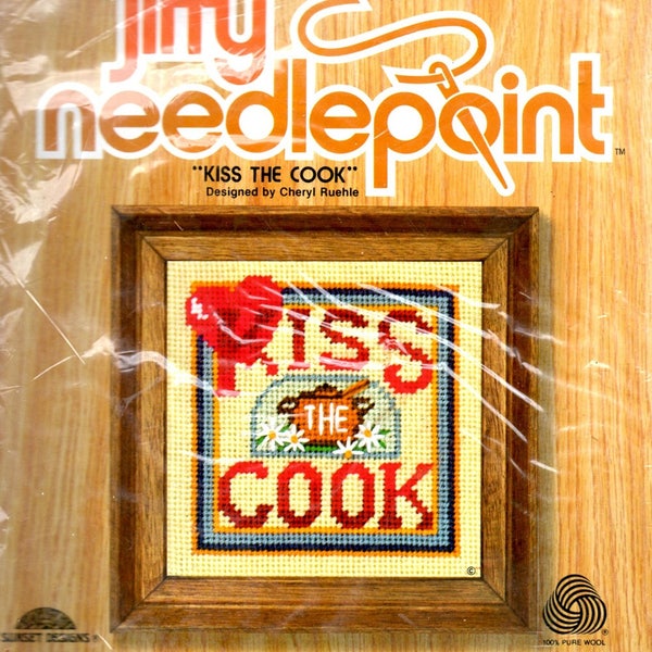 Kiss The Cook Kit Red Heart White Daisies Soup Pot 5 Inches by 5 Inches Sunset Jiffy Designs Needlepoint Craft Pattern 5560