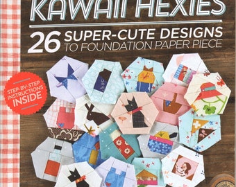 Kawaii Hexies 26 Designs to Foundation Paper Piece Rabbit Dog Basket Hat Triangles Quilted Sewing Craft Pattern Leaflet