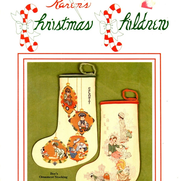 Karen's Christmas Children Stockings Victorian Children Little Boys Playing Counted Cross Stitch Embroidery Craft Pattern Leaflet