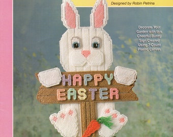Garden Sign Bunny Happy Easter Plastic Canvas Needlepoint Embroidery Craft Pattern Leaflet 400383