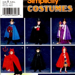 May include: Simplicity 5927 sewing pattern for costumes featuring various capes and outfits. The image displays seven children wearing different designs including a blue cape, black cape, purple robe, red devil cape, black bat cape, red hooded cape, and a green spiderweb cape.