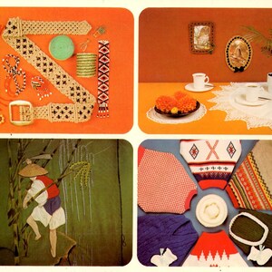 May include: A collection of craft items and finished projects. Features a woven belt with a gold buckle, beaded accessories, yarn, and an embroidered panel. Also, a table setting with flowers and cups, and various knitted garments.