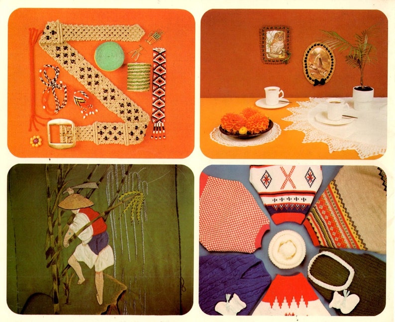 May include: A collection of craft items and finished projects. Features a woven belt with a gold buckle, beaded accessories, yarn, and an embroidered panel. Also, a table setting with flowers and cups, and various knitted garments.