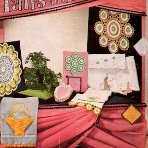 May include: A vintage book cover with the title "Fairs and Bazars" in black and white lettering. The cover features a pink background with a black and white trim. The book is filled with crochet patterns for items like doilies, tablecloths, and baskets.