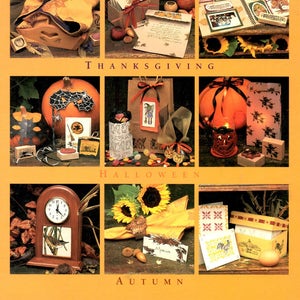 May include: A collage of autumn-themed craft projects. The image features Thanksgiving, Halloween, and Autumn displays with pumpkins, sunflowers, and decorative stamps. Text at the bottom reads "PERSONAL STAMP EXCHANGE RUBBER STAMP PROJECT SAMPLER."
