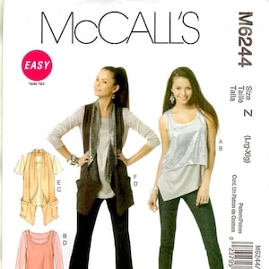 May include: McCall's sewing pattern M6244 featuring women's fashion designs. The pattern includes options for tops and a vest. The image shows the pattern cover with illustrations of the finished garments and the "EASY" label.