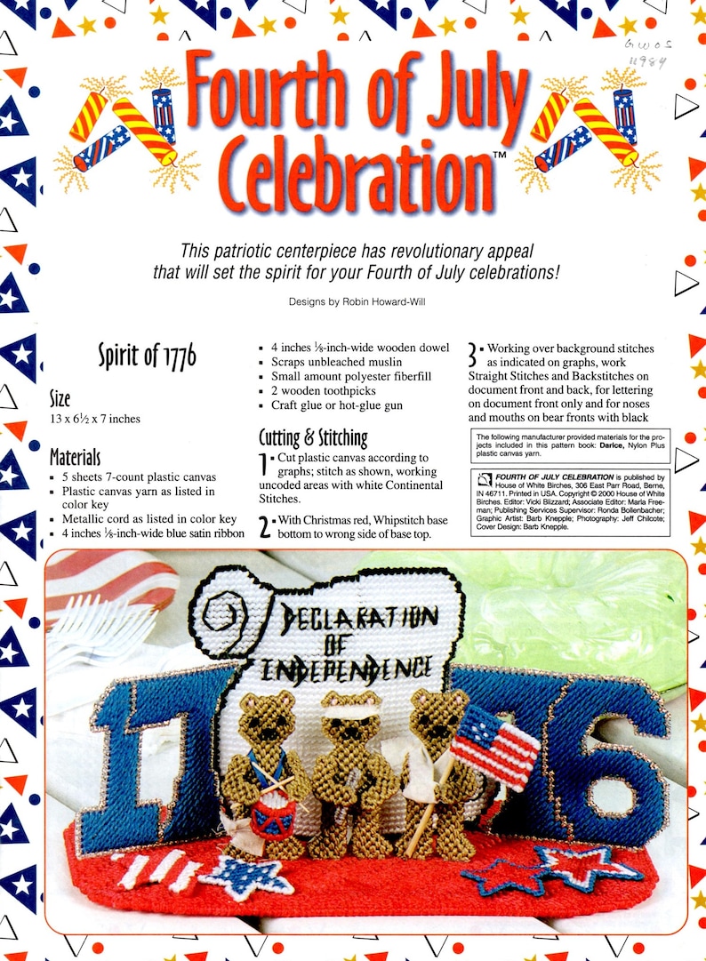 Fourth of July Celebration Plastic Canvas Flags Stars Firecracker Windsock Plant Pokes Needlepoint Embroidery Craft Pattern Leaflet 186025