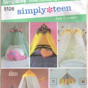 May include: Simplicity Home Decorating pattern 5126 for easy canopies. The pattern features several canopy designs, including those with floral, star, and geometric accents. The pattern is one size.