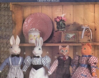 Rabbits Cats and Outfits Stuffed Animals Approximately 16" Tall Uncut Sewing Pattern Butterick 6187