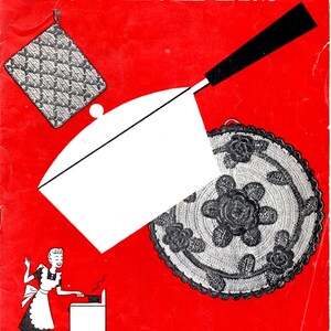May include: Vintage cookbook cover titled "Pot Holders" with a red background. The cover features illustrations of pot holders, a woman cooking, and the price of 10 cents.