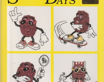 California Raisins Sunny Days Dance Skateboard Sunning Play Tennis Counted Cross Stitch Embroidery Craft Pattern Leaflet 3