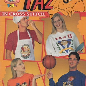 Taz in Counted Cross Stitch Embroidery Tasmanian Devil in Love Playing Basketball Cowboy Bad to Bone Craft Pattern Leaflet Leisure Arts 2785