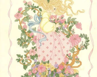 Tiffany Little Girl in Pink Dress with Roses Vines Flowers Counted Cross Stitch Embroidery Craft Pattern Leaflet PM44