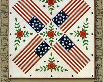 Patriotic Rose Quilt with 4 Flags and 13 Stars Sewing Craft Pattern Sheets