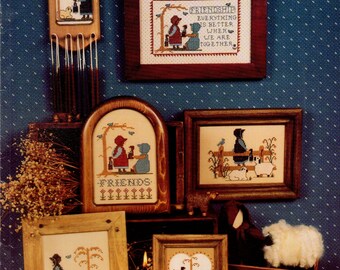 Amish VI Friendship Girls Long Dress Bonnet Dolls Tree Wagon Playing Rail Board Fence Counted Cross Stitch Craft Pattern Leaflet