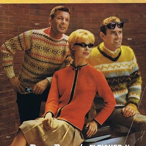 May include: Vintage magazine cover featuring three people modeling hand-knitted sweaters and a jacket. The text "CONTINENTAL HAND-KNITS" is at the top. The bottom of the image has the text "Bear Brand • FLEISHER Yarns" and the price.