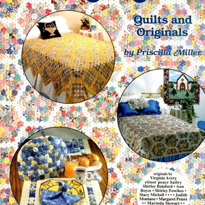 May include: A book cover titled "Yo-Yo Quilts and Originals" by Priscilla Miller. The cover features images of quilts and a table setting. The background is a floral pattern. The American School of Needlework logo is in the upper left corner.