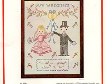 Our Wedding Bride Groom Under Double Rings Blue Ribbons Pink Flowers Counted Cross Stitch Embroidery Sampler