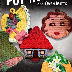 May include: Vintage crochet pot holders and oven mitts in various shapes, including a house, a face, and a fruit. The cover of a design book with the text "POT HOLDERS and OVEN MITTS" is displayed. The design book is marked "Lily Design Book No. 59".