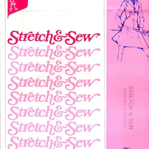 May include: A vintage sewing pattern envelope with a pink and white design. The text reads "Set-In Sleeve Jacket" and "Stretch & Sew". The envelope features a line drawing of a woman wearing a jacket and skirt.