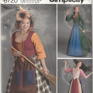 May include: Simplicity pattern 8720 U5 for costumes. The image shows three different costume designs, including a witch-like outfit with a broom, a green and blue dress, and a pink and red dress. The pattern includes sizes 16-24.