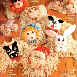May include: A pattern for making whimsical rag mop slippers. The image shows various slipper designs, including a cat, dog, bunny, cow, and Santa Claus. The text reads "Rag Mop Slippers EASY TO MAKE" and "Quick Easy Inexpensive Fun".