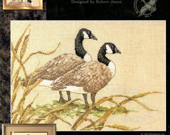 Beside Still Water Canada Geese In Stream with Cattails and Long Grass Counted Cross Stitch Embroidery Craft Pattern Leaflet 03-114 L