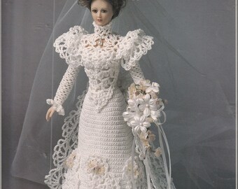 1900 Bridal Gown 11.5 Inch Doll Long White Dress with Puff Shoulders Lace Hem Crochet Craft Pattern