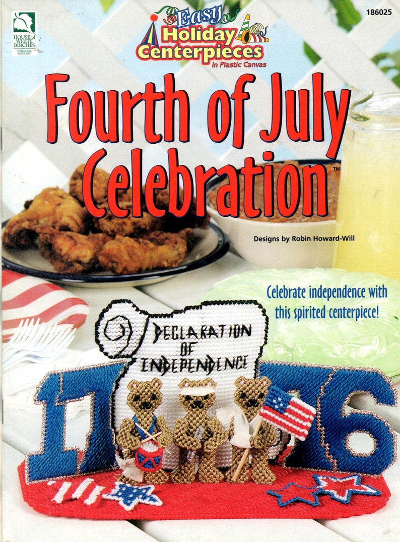 Fourth of July Celebration Plastic Canvas Flags Stars Firecracker Windsock Plant Pokes Needlepoint Embroidery Craft Pattern Leaflet 186025