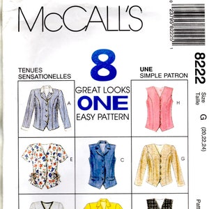 May include: A McCall's 8222 sewing pattern envelope featuring eight different garment designs, including various styles of jackets, vests, and tops with long or short sleeves, button closures, and diverse fabric patterns like stripes, florals, and plaids.