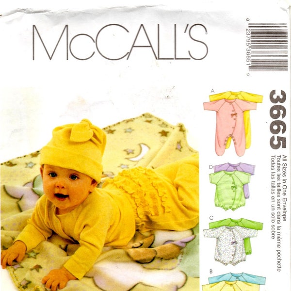 Infant Coverall Top Body Suit Pants Diaper Cover Blanket Booties Bib Hat Sizes Newborn Small Medium Large Uncut McCall's 3665 Sewing Pattern