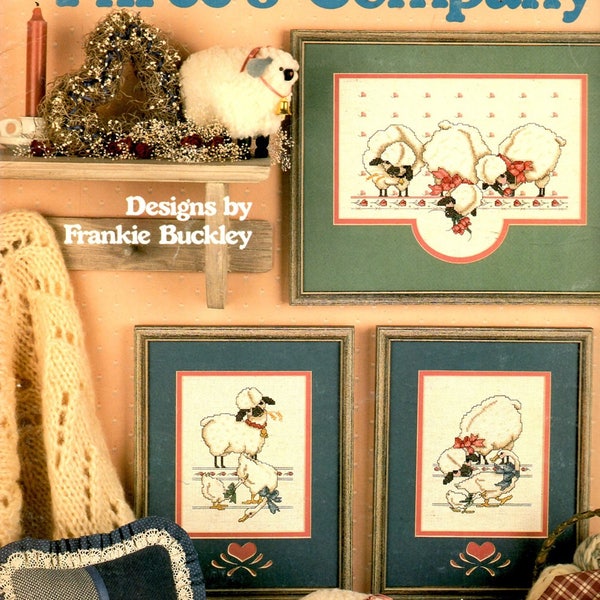 Three's Company Sheep Lambs Ducks Ribbons Red Bell Floral Wallpaper Counted Cross Stitch Embroidery Craft Pattern Leaflet Leisure Arts 470