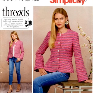 May include: A sewing pattern for a pink and white striped jacket with a ruffled hem. The pattern is for sizes 6-14, 32-38, and 34-40. The pattern is from Simplicity and is part of their 90th anniversary collection. The pattern is called "threads" and includes instructions for making a jacket with different sleeve and hem styles.