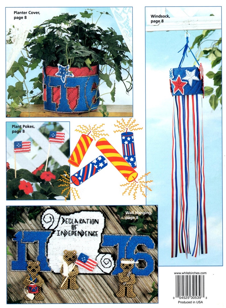 Fourth of July Celebration Plastic Canvas Flags Stars Firecracker Windsock Plant Pokes Needlepoint Embroidery Craft Pattern Leaflet 186025