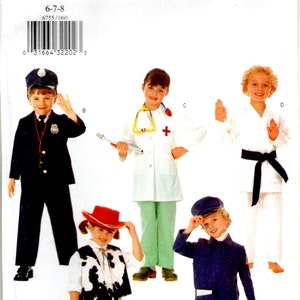 May include: Butterick sewing pattern 6755 for children's costumes in sizes 6-8. The envelope displays five outfits: a police officer uniform, a doctor's coat with a stethoscope, a white martial arts gi with a black belt, a cowgirl outfit, and a mail carrier uniform.