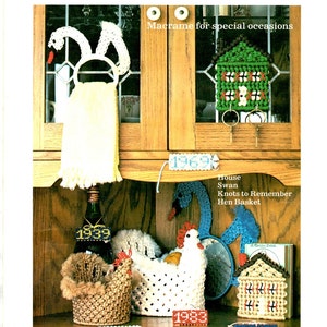 May include: A magazine cover titled "Knot for Gifts" featuring macrame crafts. The image showcases various macrame creations, including a bunny-eared towel holder, a house-shaped key holder, and a hen basket. The text "Macrame for special occasions" is also visible.