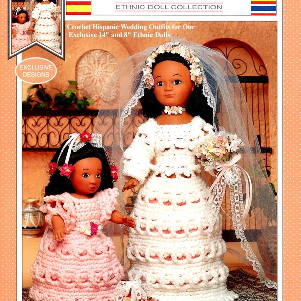 Hispanic Wedding Dress 14 Inch 8 Inch Bride Flower Girl Attendant Crochet Doll Gown Veil White Lace Craft Pattern Leaflet FCM413