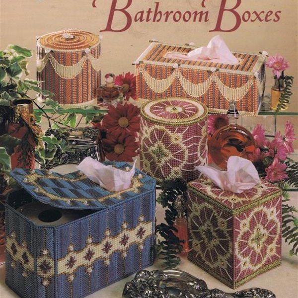 Beautiful Bathroom Boxes in Plastic Canvas Embroidery Needlepoint Tissue Box Covers Round Oblong Square Patterns Craft Leaflet 3170