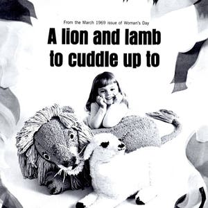 May include: A black and white vintage magazine page featuring a knitted lion and lamb toy. The text reads: From the March 1969 issue of Woman's Day, A lion and lamb to cuddle up to, and Copyright 1969 by Fawcett Publications, Inc. Printed in U.S.A.
