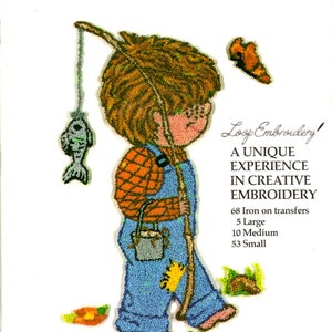 May include: A vintage embroidery transfer pattern by Jonell's. The image features a cartoon child fishing, with a fishing rod and a fish. The child is wearing blue overalls and an orange backpack. The text reads "A UNIQUE EXPERIENCE IN CREATIVE EMBROIDERY".