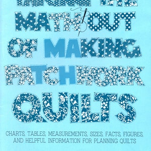 May include: Book cover with a blue background and white text that reads "Taking the Math Out of Making Patchwork Quilts". The text is made up of patchwork fabric squares. The book is by Bonnie Leman and Judy Martin.