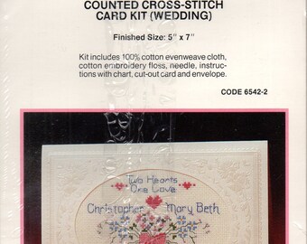 Two Hearts One Love Wedding Card Kit Red Bow Blue Forget-Me-Nots Counted Cross Stitch Embroidery