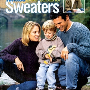 Knitted Cold Weather Sweaters Adult Men Women Child Pullover Cardigan Hat Cable Rib Basket Weave Scarf Poncho Frog Craft Pattern Leaflet