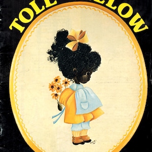 May include: A vintage book cover featuring a black and white illustration of a young girl with a yellow dress and a blue apron holding a bouquet of yellow flowers. The title of the book is "TOLE YELLOW" and the author is "Jemima".
