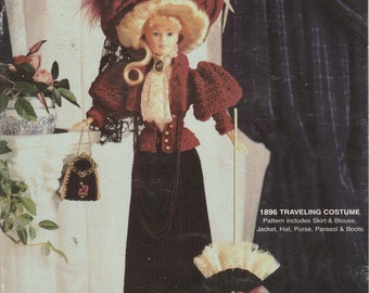 1896 Traveling Costume 11.5 Inch Fashion Doll Skirt Blouse Jacket Hat Purse Parasol Boots Crochet Craft Pattern Leaflet 14